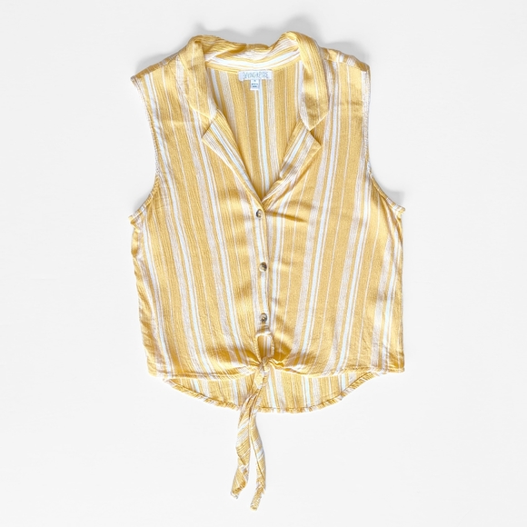 Patrons of Peace Crepe Yellow & White Stripe Tie Front Tank - Picture 8 of 9